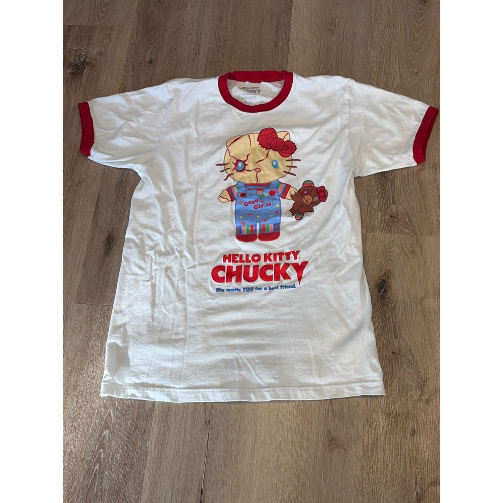 Hello Kitty x Chucky Ringer T-Shirt White Red Sanrio Horror Mashup Medium